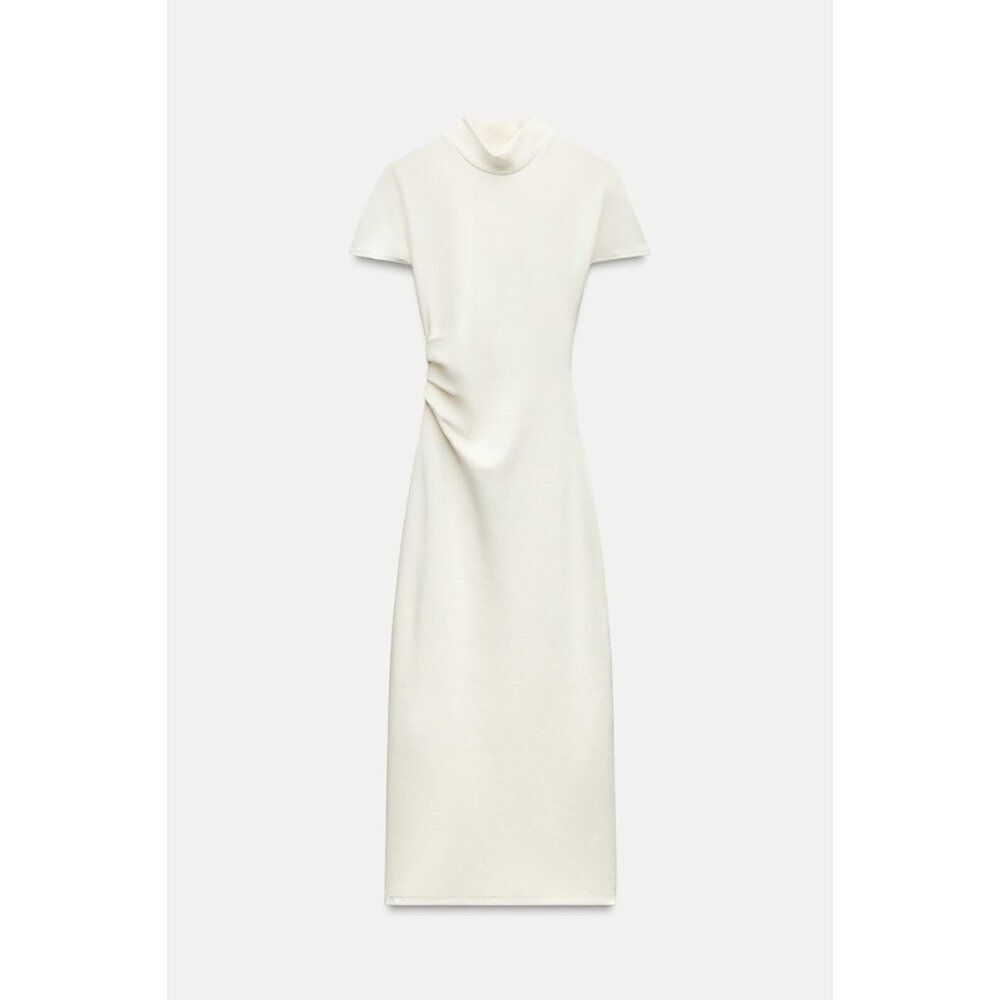 Zara Womens Midi Dress Size L off White Mock Neck Ruched Stretch 5584/671 NWOT